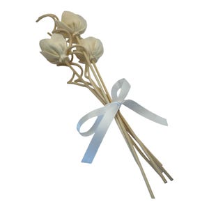 May include: A bundle of decorative flowers with cream-colored fabric blooms and wooden stems. The stems are tied together with a light blue satin ribbon, creating a delicate and elegant arrangement. Perfect for home decor or as a gift.