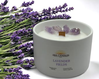 Lavender crystal candle, Hand Poured Lavender Fields Candle, Amethyst Crystal Infused, Relaxation Ritual