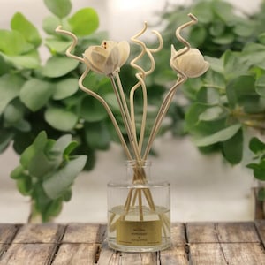 May include: A clear glass aromatherapy diffuser bottle with wooden reeds and decorative flower-shaped accents. The bottle contains liquid and a label that reads "Peppermint & Eucalyptus". Green foliage is in the background.
