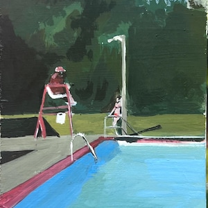 May include: An impressionistic painting of a swimming pool scene. A lifeguard sits in a red chair, and another person stands near a diving board. The pool is blue with a red border, and the background features green trees and a blue sky.