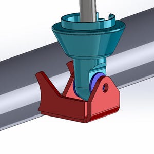 May include: A 3D rendering of a mechanical component. The design features a teal-coloured conical piece connected to a red bracket. A silver rod extends upwards from the teal component, with a blue cylindrical piece visible.