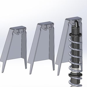 May include: Four grey metal brackets, three of which are identical, and one with a spring and shock absorber. The brackets have a trapezoidal shape with a rectangular top, designed for mechanical applications.