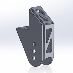 May include: A gray metal bracket with a triangular shape and multiple holes. The bracket has a cutout design on the side.