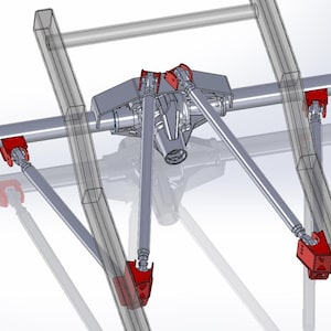 May include: A 3D rendering of a mechanical assembly. The design features a central grey component with multiple silver rods extending outwards, connected to red brackets. The structure is supported by a framework of transparent, rectangular beams.