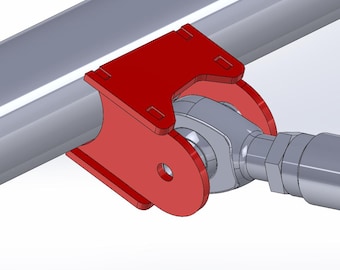 Peut inclure: Un support rouge avec un design incurvé est fixé à un tube métallique argenté. Le support a un trou et est relié à un composant métallique gris avec une extrémité filetée. L'image est un gros plan.