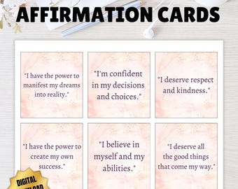 Afdrukbare 30 roze en goudkleurige positieve affirmatiekaarten, positieve flitskaarten, dagelijkse positiviteitskaarten, mindfulness-hulpmiddelen, aanmoedigingskaarten
