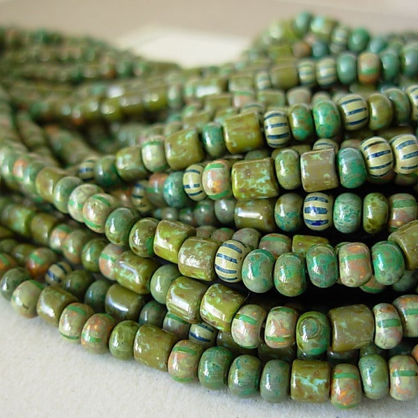 1-18.5" Strand- 6/0 Czech Seed Beads- Mossy Striped Tube Aged Picasso Mix #651