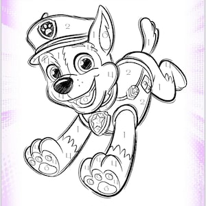 May include: A black and white Paw Patrol colouring page featuring Chase, the German Shepherd puppy. The image includes numbered sections for colour application, a colour key, and the Paw Patrol logo. The page is labelled "1 of 7".