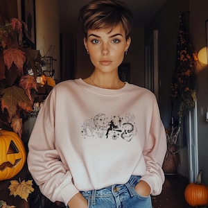 Pink Halloween sweater for women, witch sweater, mystical autumn sweater, witch with tarot card crystals, spooky season outfit, witch shirt
