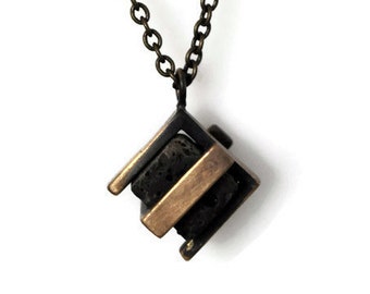 Double Brass Square Lava-Lava necklace-lava pendant-Geometric necklace-Cube Stone necklace-Industrial Design-protection Necklace-BARASH-MJ