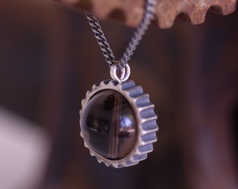 Smoky Cog-Cosmic Jewelry-Smoky Quartz-Sterling Silver ring-Gal Barash-Space-long moving magical Pendant-MJ