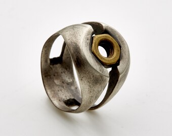 Open B Nut Signet Ring-Brass Nut-Mechanic Ring-Steam punk engagement ring-Power Ring-Steam punk wedding ring-Cool Ring-Two tone Ring-MJ