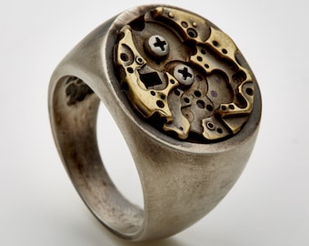 Time rust-Steampunk chunky ring-Grange-Silver-Signet Ring-Big Strong Ring-steam punk statement ring-Mens chunky ring