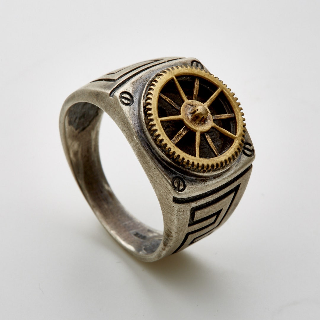 Inca Gear-steampunk Silver Signet Ring-cool Mens Ring-mechanic - Etsy