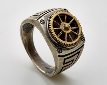 Inca Gear-Steampunk silver signet ring-Cool Mens Ring-Mechanic Ring-Gear ring-Steampunk-Womens-Mens Steampunk Silver Gear Ring-MJ