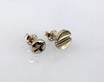 Single 14 Karat Solid Gold flat screw Stud-Gold Stud-Gold Nut-Gold Screw-Gold Bolt-Industrial Gold Earring-Steampunk gold stud-mechanical