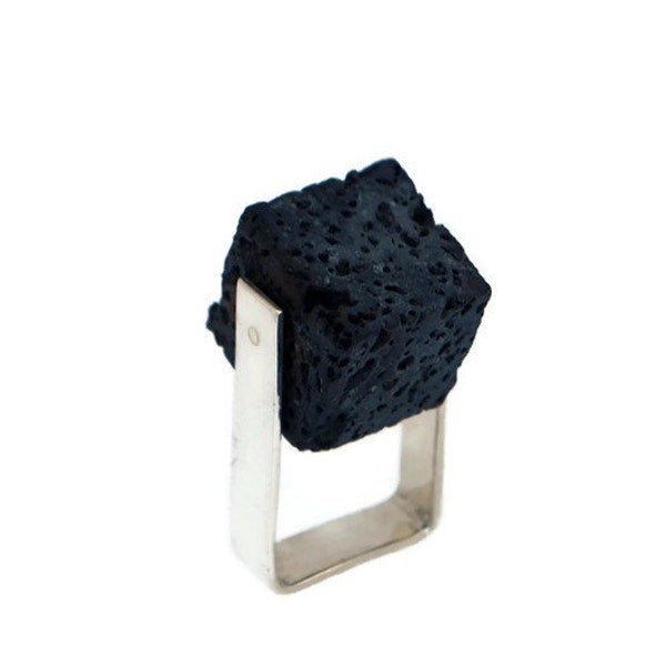 Black Cube Ring- Lava ring-Volcanic ring-Black Square Ring-Black Lava rock Ring-black stone Ring-kinetic ring- Architectural Ring-Gal Barash