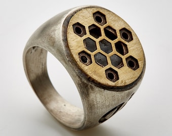 Hex Star-Silver Signet ring-Sacred Geometry-Handmade Jewelry-Big Round Signet Ring-by Craftsman Gal Barash-MJ