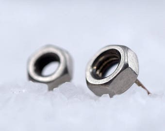 Nut Studs-Silver Nut Studs-Nut Earrings-Silver Studs- Silver Earrings-Men's Studs-Industrial Stud-Studs for man-Hipster Stud-Hexagon Stud-MJ