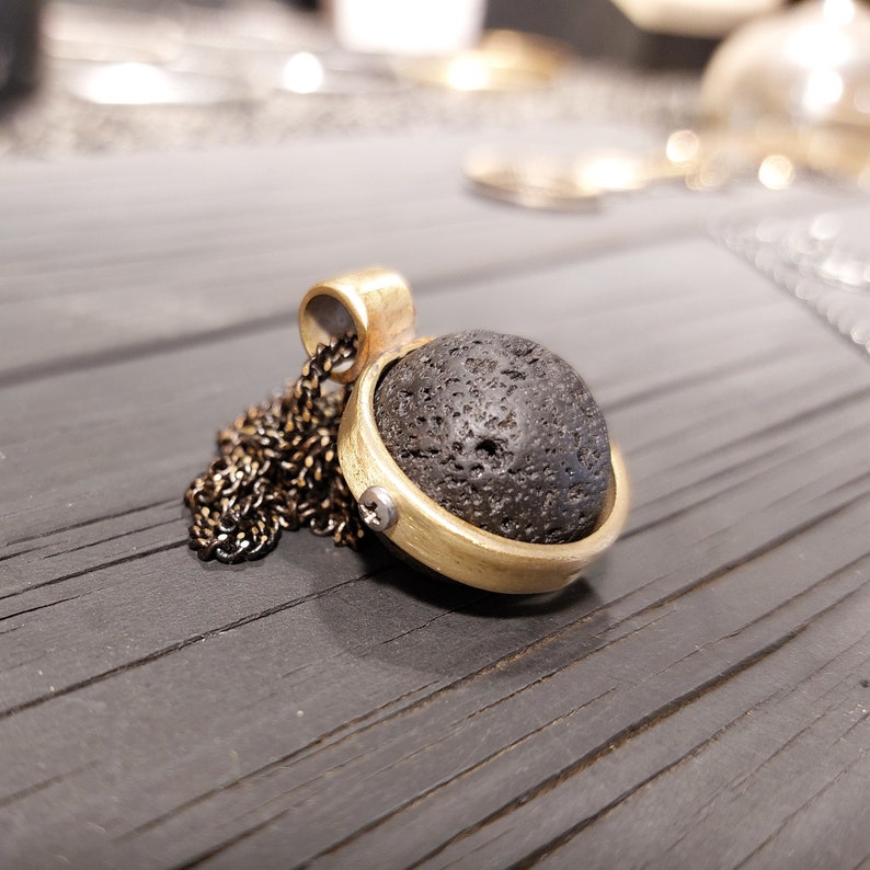 Kinetic Black Lava Ball Bronze fidget necklace-Brass Jewelry image 1