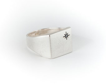 Diamond Star-Black Diamond-Silver signet ring-Classic-Men's Diamond Ring-North Star-Square Ring-Diamond Ring-Square-Signet Ring-Men's Ring