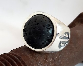 Black moon-Round Lava Silver signet Ring