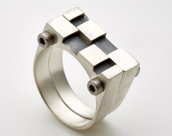 Double Pixel Ring-Architectural Ring-Geometric ring-For Designers-Signet Ring-Connected Rings-Square Womens Signet Ring-Industrial Design-MJ