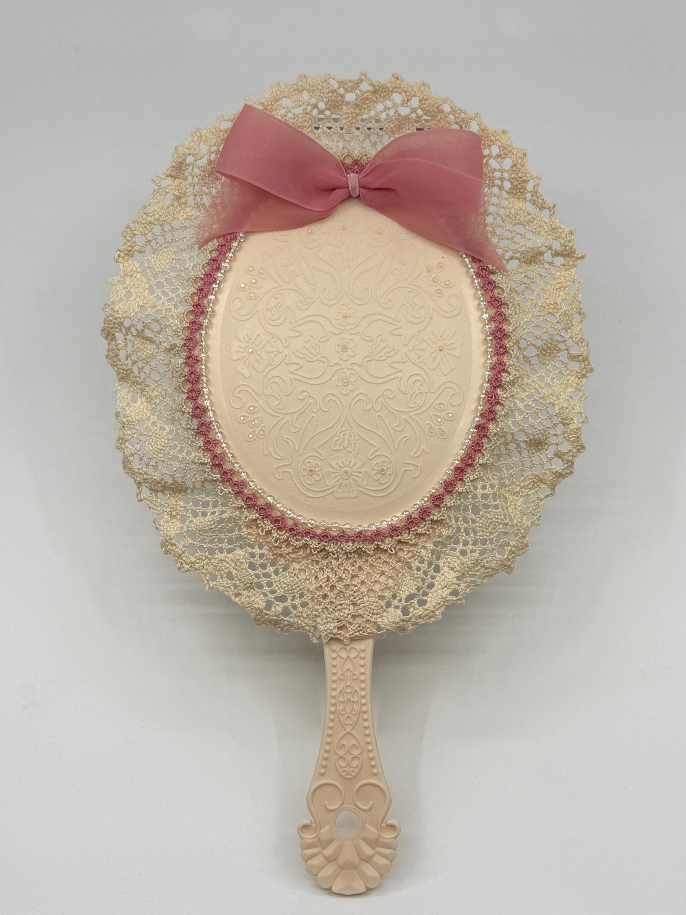 Lace Accent Hand Mirror with Peach Floral Detail - Cream Beauty & Skincare | Flower Knows Strawberry Cupid Hand  main image 3