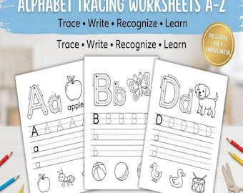 Alphabet Tracing Worksheets A–Z, Letter Recognition, Handwriting Practice, Preschool & Kindergarten Printable