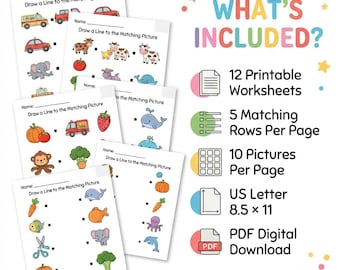 Printable Matching Worksheets, Match the Picture, Preschool Kindergarten Activity, Kids Learning Worksheets, Educational Pages