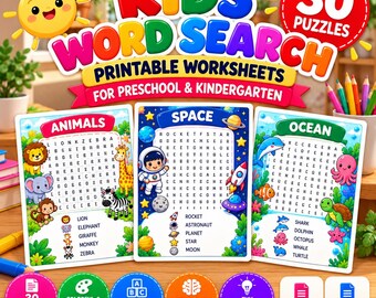 Kids Word Search Printable Worksheets, 30 Puzzles for Preschool & Kindergarten