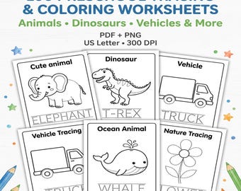 100 Preschool Tracing & Coloring Worksheets Bundle (PDF + PNG)