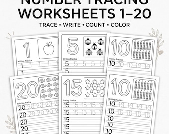 Number Tracing Worksheets 1–20, Preschool Math Printable, Number Writing Practice, Handwriting, Pre-K & Kindergarten