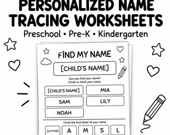 Personalized Name Tracing Worksheets, Name Writing Practice, Preschool Pre-K Kindergarten Printable PDF