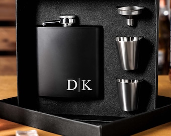 Personalized Engraved Flask for Men, Groomsmen Gift Hip Flask, Custom Stainless Steel 6oz Flask, Best Man Gift, Black Flask Set,Wedding Gift