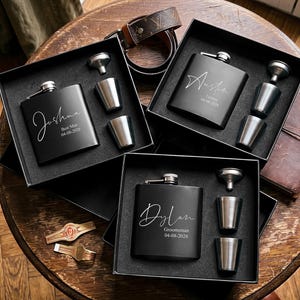 Personalized Engraved Flask for Men, Groomsmen Gift Hip Flask, Stainless Steel 6oz Flask, Black Flask Set