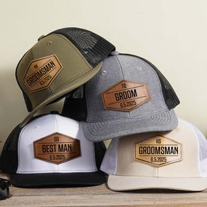 Custom Groomsman Hat, Personalized Man Hat, Custom Groom Cap, Leather Patch Trucker Hat, Wedding Hats, Groomsmen Gifts, Bachelor Party Gift