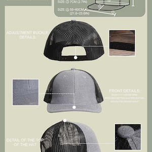 May include: Detailed diagram of a gray and black trucker hat, showcasing its dimensions and features. The hat's brim is 7 cm (2.7 in), the crown is 11 cm (4.3 in), and the overall width is 18 cm (7.1 in). The hat size is 55-60 cm (21.6-23.6 in).