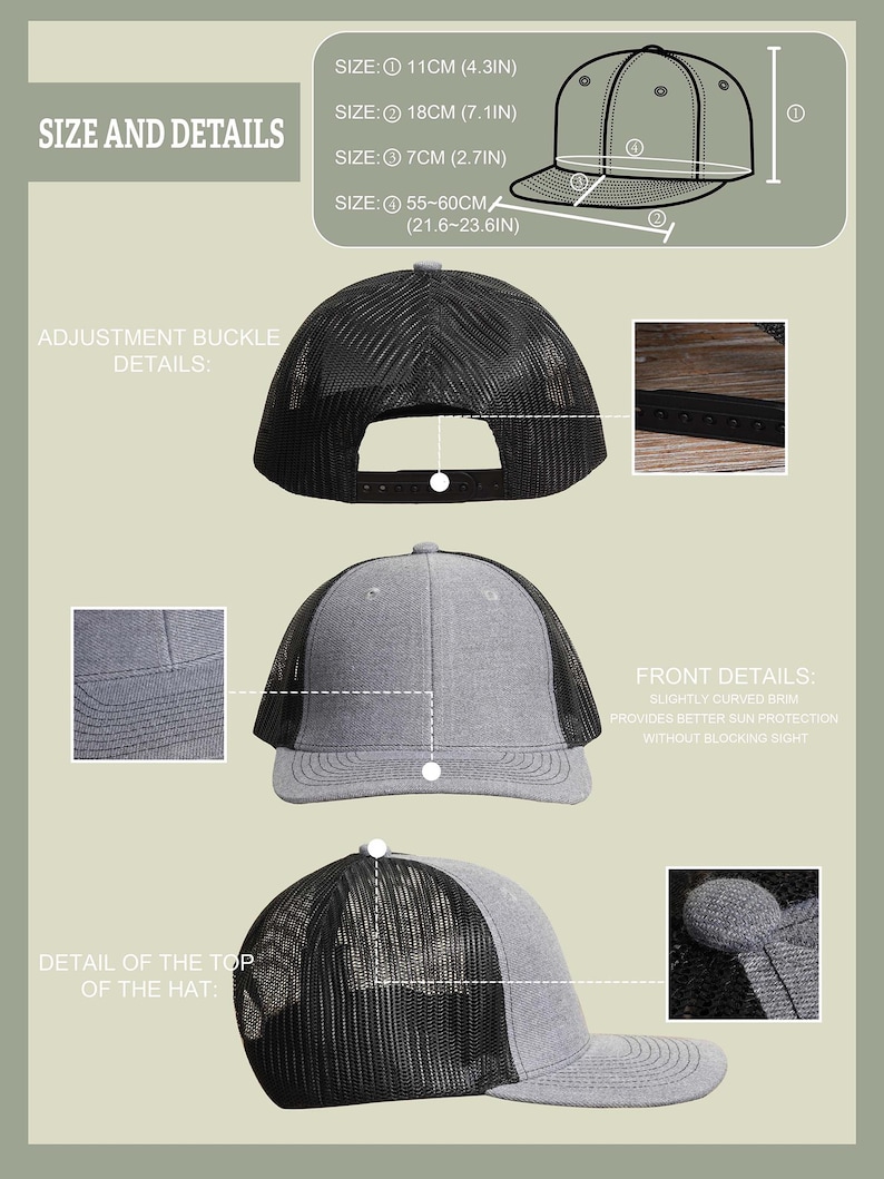 May include: Detailed diagram of a gray and black trucker hat, showcasing its dimensions and features. The hat's brim is 7 cm (2.7 in), the crown is 11 cm (4.3 in), and the overall width is 18 cm (7.1 in). The hat size is 55-60 cm (21.6-23.6 in).