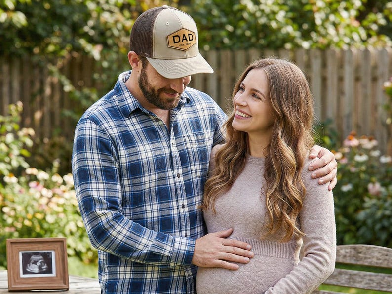 May include: A couple stands outdoors, the man wearing a baseball cap with "DAD" on it. The woman is pregnant. A framed ultrasound image sits on a wooden bench. The man wears a blue plaid shirt.