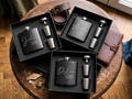 Personalized Engraved Flask for Men, Groomsmen Gift Hip Flask, Stainless Steel 6oz Flask, Black Flask Set