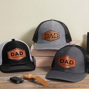 Custom Dad Hat, Personalized Fathers Day Gift, Leather Patch Trucker Cap for Dad, New Dad Gift, Gift for Husband, Dad Birthday Gift,Papa Cap
