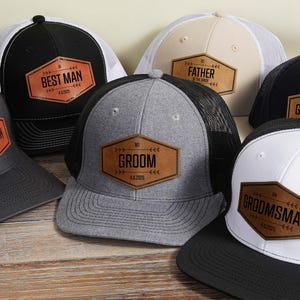 Custom Groom Hat, Personalized Groomsman Gift, Custom Man Cap, Leather Patch Trucker Hat, Wedding Hats, Groomsmen Caps, Bachelor Party Gift