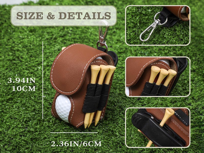 K&ouml;nnte beinhalten: Braune Golfballhalterung aus Leder mit einem wei&szlig;en Golfball, Holz-Tees und einem Metallclip. Der Halter ist 10 cm hoch und 6 cm breit. Der Halter hat wei&szlig;e N&auml;hte und schwarze Gummib&auml;nder f&uuml;r die Tees.
