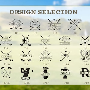 K&ouml;nnte beinhalten: Eine Auswahl an Golf-Designs mit gekreuzten Golfschl&auml;gern, Golfb&auml;llen und personalisierten Namen. Die Designs umfassen Namen wie Carlton, Keith und Hannah, mit dem Text "DESIGN SELECTION" oben.