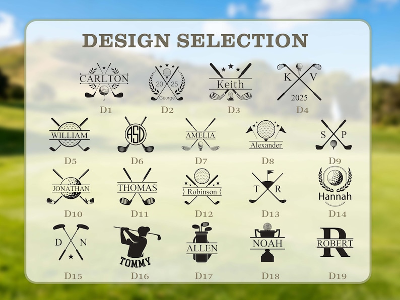 K&ouml;nnte beinhalten: Eine Auswahl an Golf-Designs mit gekreuzten Golfschl&auml;gern, Golfb&auml;llen und personalisierten Namen. Die Designs umfassen Namen wie Carlton, Keith und Hannah, mit dem Text "DESIGN SELECTION" oben.