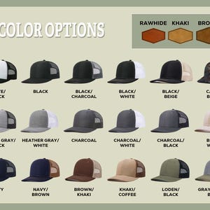 May include: A variety of trucker hats in different color combinations are displayed. The hats have a mesh back and a solid front panel. Color options include black, white, gray, navy, brown, khaki, and camo. The text "COLOR OPTIONS" is at the top.