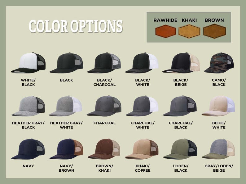 May include: A variety of trucker hats in different color combinations are displayed. The hats have a mesh back and a solid front panel. Color options include black, white, gray, navy, brown, khaki, and camo. The text "COLOR OPTIONS" is at the top.