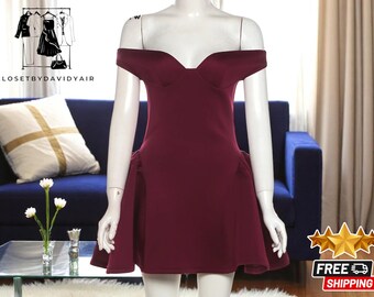 Off Shoulder V-Neck Mini Dress | Flared Skirt Cocktail Outfit | Sleeveless Partywear for Women | Elegant Summer Evening Look