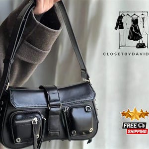 Bolso de hombro estilo punk Y2K / Bolso de mano de estética gótica / Monedero negro retro de estilo Harajuku / Cartera de cuero vegano para debajo del brazo / Bolso de mano moderno de gran capacidad